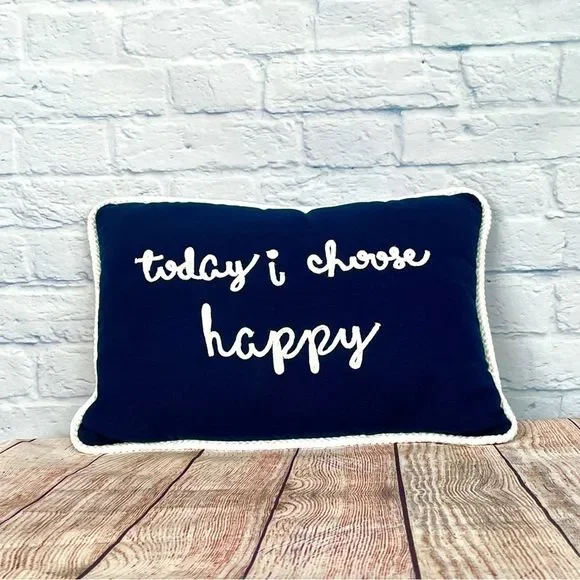 Throw Pillow “Today I Choose Happy" Navy Cord-Trim - Picture 1 of 2